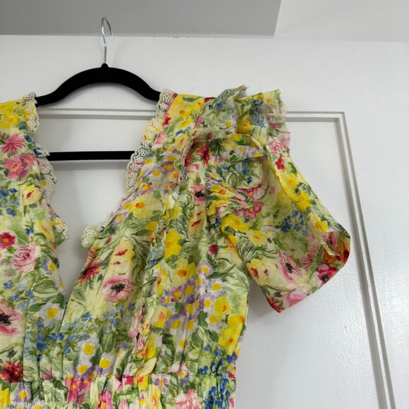 LoveShackFancy Aldina Mini Dress Sz Small Yellow Floral Print Tiered Ruffle - Picture 6 of 9